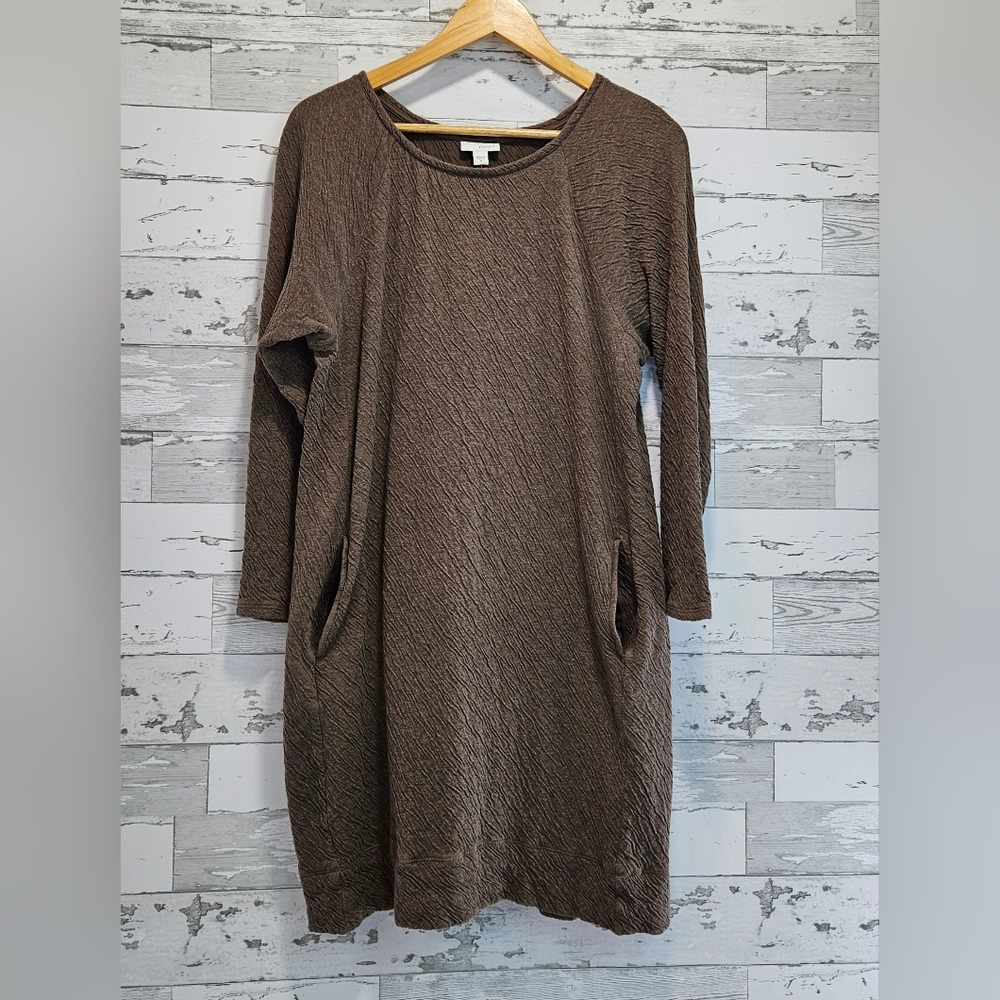J Jill Pure Jill Sweater Dress Medium Crinkle Knit Stretch Pockets Brown